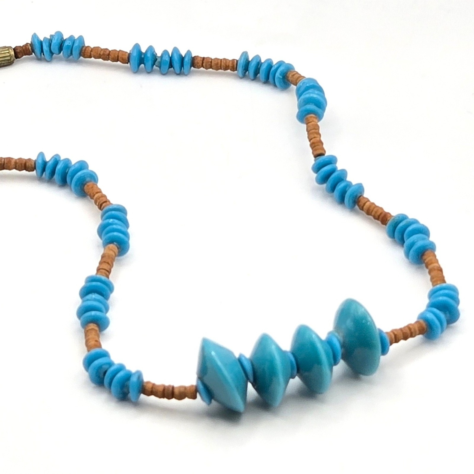 Vintage African Trade Beads Blue Wound Glass Mali Clay Beads Brass Clasp 16 In